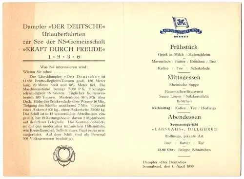 Menükarte 1936, Dampfer Der Deutsche, NS Gemeinschaft Kraft durch Freude, , Deckblatt Deutscher Bremen