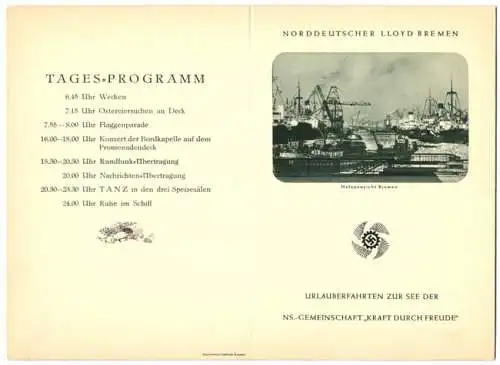 Menükarte 1936, Dampfer der Deutsche, NS Gemeinschaft Kraft durch Freude, , Deckblatt Hafen Bremen