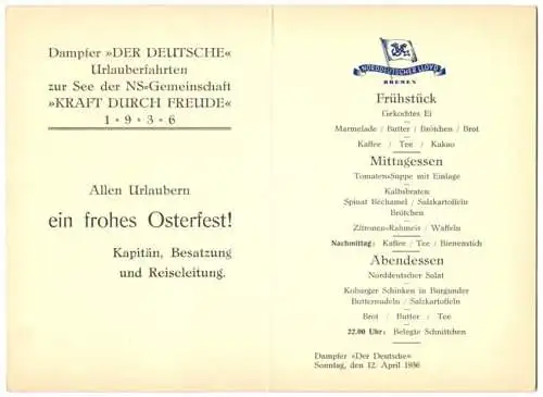 Menükarte 1936, Dampfer der Deutsche, NS Gemeinschaft Kraft durch Freude, , Deckblatt Hafen Bremen