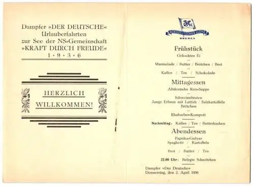 Menükarte 1936, Dampfer Der Deutsche, NS Gemeinschaft Kraft durch Freude KdF, Deckblatt Kolonialdenkmal in Bremen