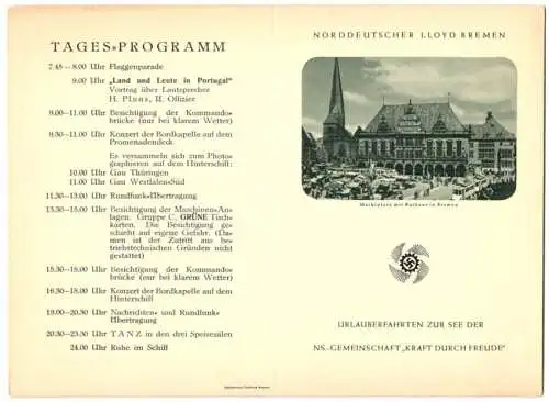 Menükarte 1936, Dampfer Der Deutsche, NS Gemeinschaft Kraft durch Freude KdF, Deckblatt Marktplatz Bremen, Hakenkreu