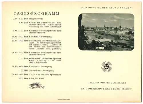 Menükarte 1936, Dampfer Der Deutsche, NS Gemeinschaft Kraft durch Freude KdF, Deckblatt Blick auf Bremen