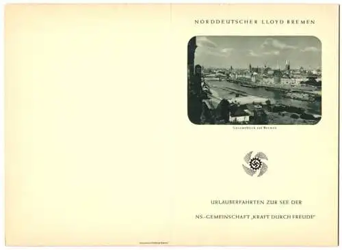 Menükarte 1936, Dampfer Der Deutsche, NS Gemeinschaft Kraft durch Freude KdF, Deckblatt Blick auf Bremen