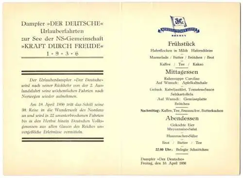 Menükarte 1936, Dampfer Der Deutsche, NS Gemeinschaft Kraft durch Freude KdF, Deckblatt Blick auf Bremen