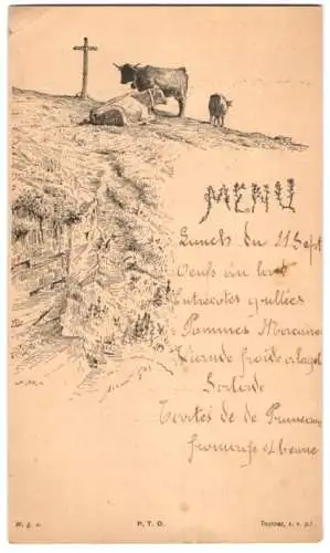 Menükarte 1900, Kühe aud der Alm, Rückseite Werbung für Gala Peter Milch Schokolade, Expos Universelle Paris 1900