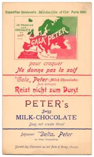 Menükarte 1900, Kühe aud der Alm, Rückseite Werbung für Gala Peter Milch Schokolade, Expos Universelle Paris 1900