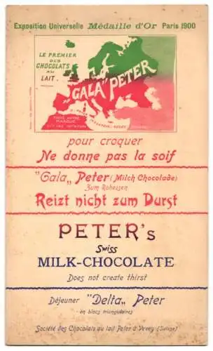 Menükarte Les Avant, Entwurf von A. Gos, Rückseite Werbung für Gala Peter Milch Schokolade