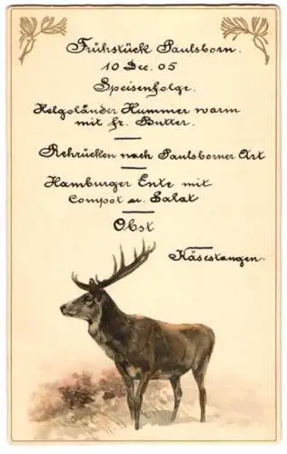 Menükarte 1905, Frühstück Paulsborn, Lithographie Hirsch