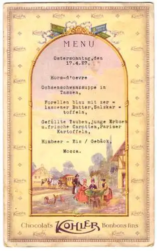 Menükarte 1927, Werbung Kohler Schokolade und Kakao