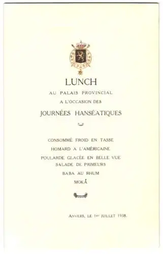 Menükarte Anvers 1938, au Palais Provinvial a l`Occasio des Journees Hanseatiques, geprägtes Wappen