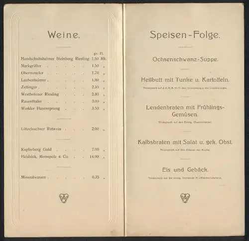 Menükarte 1910, Festessen am Tag der Einweihung der Evangel. Friedenkirche Heidelberg-Handschuhsheim