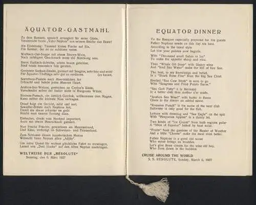 Menükarte Weltreise 1927, Dampfer Resolute, Äquator Gastmahl, Deckblatt zeigt Padang-Pandjang