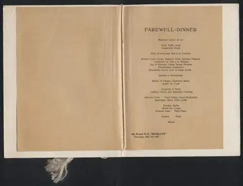 Menükarte 1927, S.S. Resolute, Farewell-Dinner, Entwurf Deckblatt Malcom E. Hayes