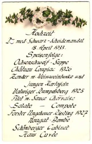 Menükarte 1933, Hochzeit Dr. med. Schwarz-Scheidemandel, gelocht