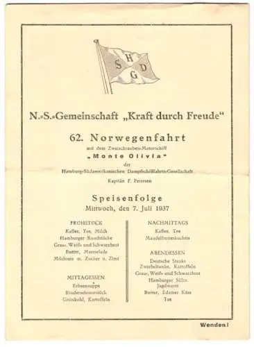 Menükarte 1937, 62. Norwegenfahrt, M.S. Monte Olivia, NS Gemeinschaft Kraft durch Freude KdF, Tageseinteilung