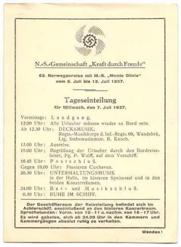 Menükarte 1937, 62. Norwegenfahrt, M.S. Monte Olivia, NS Gemeinschaft Kraft durch Freude KdF, Tageseinteilung