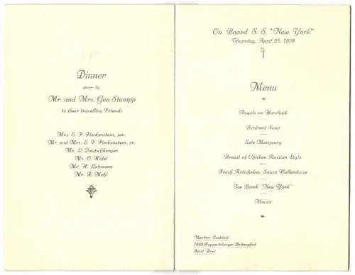 Menükarte 1929, Dampfer S.S. New York, Dinner von Mr. & Mrs. Geo Stumpp