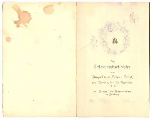 Menükarte 1921, Silberhochzeit von August und Helene Scholz, im Remter in Hamburg, geprägtes Monogramm