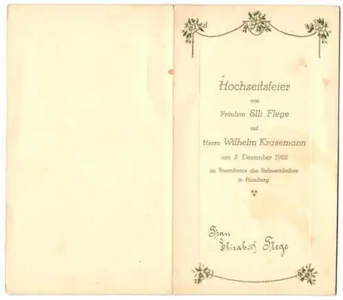 Menükarte 1922, Hochzeitsfeier Frl. Elli Flege & Herr Wilhelm Krasemann, im Rosenkranz in Hamburg