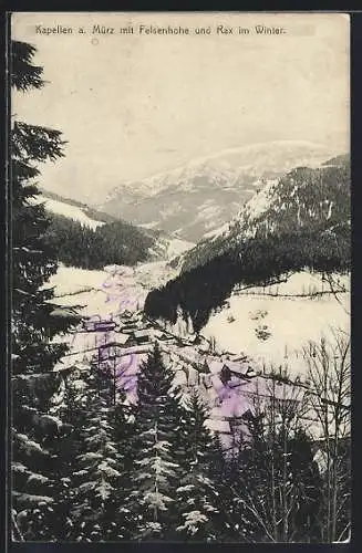 AK Kapellen a. Mürz, Ortsansicht im Winter mit Felsenhohe und Rax