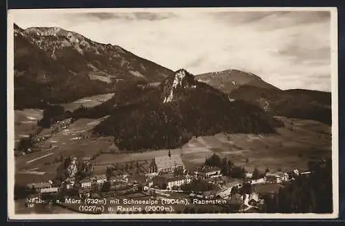 AK Neuberg a. Mürz, Ortsansicht mit Schneealpe, Raxalpe und Rabenstein