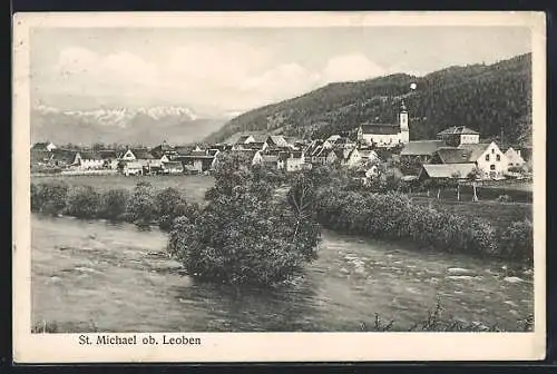 AK St. Michael ob Leoben, Ortsansicht mit Fluss, Kirche und Umgebung