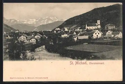 AK St. Michael /Obersteiermark, Ortsansicht mit Fluss, Kirche und Gebirge