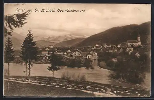 AK St. Michael /Ober-Steiermark, Ortsansicht aus der Vogelschau