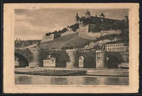 Künstler-AK Würzburg, Mainbrücke u. Festung Marienberg