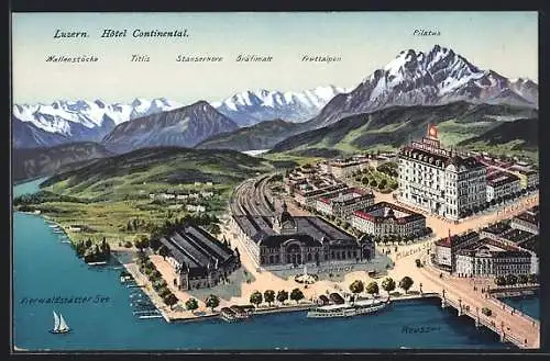 Künstler-AK Luzern, Hotel Continental, Morgartenstrasse, Bahnhof, Vierwaldstätter See