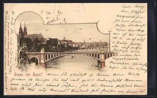 AK Basel, Ortsansicht mit Brücke