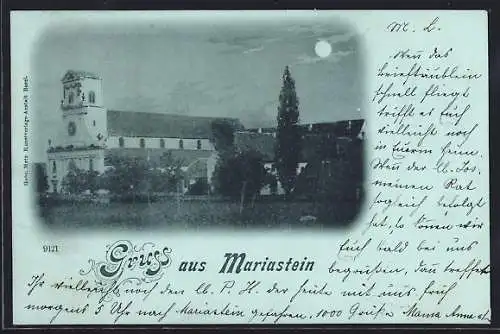 Mondschein-AK Mariastein, Kirche mit Feldern