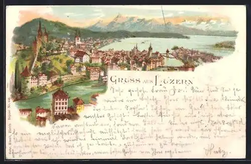 Lithographie Luzern, Ortsansicht aus der Vogelschau