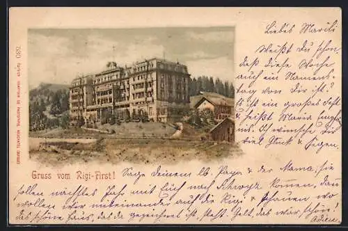 Lithographie Rigi, First, Hotel mit Feldern