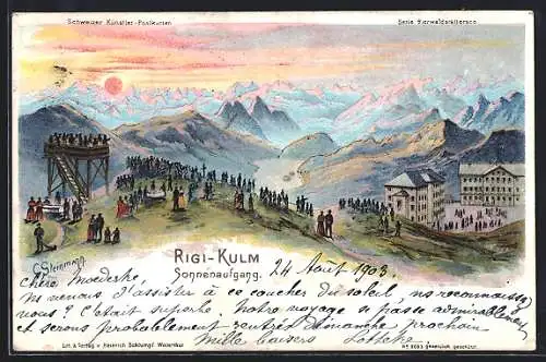 Künstler-AK C. Steinmann: Rigi-Kulm, Sonnenaufgang über den Bergen
