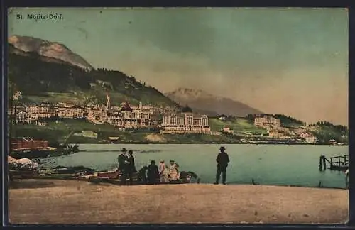 AK St. Moritz, Dorf, Ortsansicht mit Booten