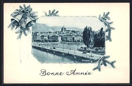 Lithographie Genève, Ortsansicht aus der Vogelschau, Glocken