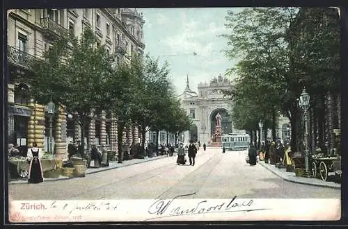 AK Zürich, Strasse mit Blick zum Hauptbahnhof, Strassenbahn