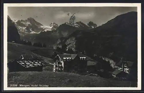 AK Wengen, Hotel Brunner aus der Vogelschau