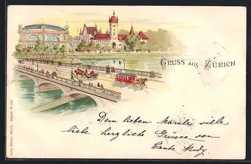 Lithographie Zürich, Pferdebahn und Pferdekutsche fahren über eine Brücke