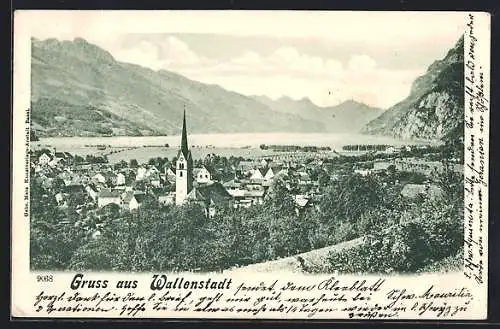 AK Wallenstadt, Ortsansicht mit Kirche aus der Vogelschau