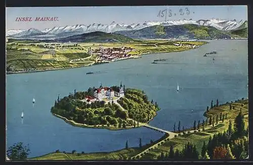 Künstler-AK Insel Mainau /Bodensee, Panorama mit Segelbooten