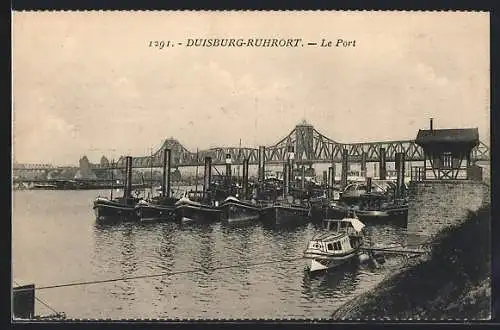 AK Duisburg-Ruhrort, Hafenpartie mit Brücke