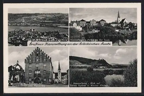 AK Hammelburg / Saale, Rathaus & Pfarrkirche, Schloss Saaleck, Gesamtansicht