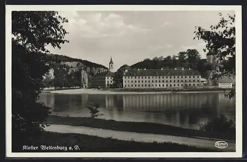 AK Weltenburg a. D., Flusspartie mit Kloster