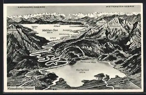 AK Kochel, Kesselberg-Strasse mit Karwendel-Gebirge und Wetterstein-Gebirge