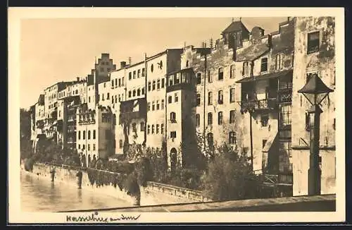 AK Wasserburg / Inn, Häuserfassaden am Flussufer