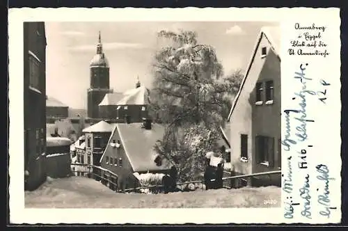 AK Annaberg i. Erzg., Blick auf die verschneite Kirche