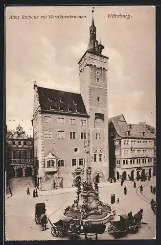 AK Würzburg, Altes Rathaus mit Vierröhrenbrunnen aus der Vogelschau