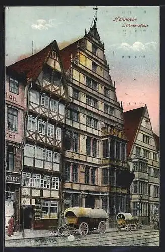 AK Hannover, Leibniz-Haus mit Planwagen